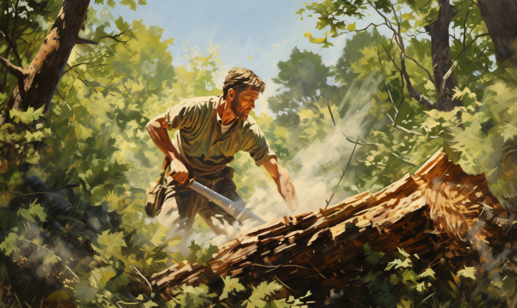 Man using a machete in the woods to clear brush