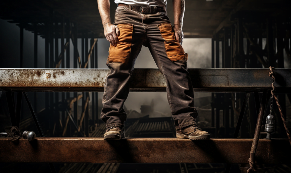 Man standing on metal beam with dusty work pants and work boots